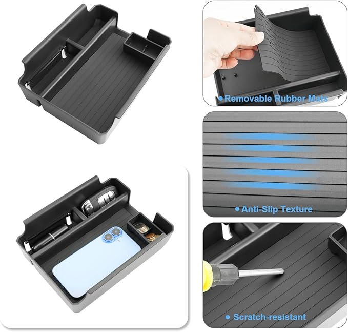 2025 2026 Outlander Center Console Organizer for Mitsubishi Outlander (ES/SE/SEL/Platinum/Taril Edition), Durable ABS Plastic&Anti-Slip Rubber Armrest Tray Insert 2026 Outlander Accessories