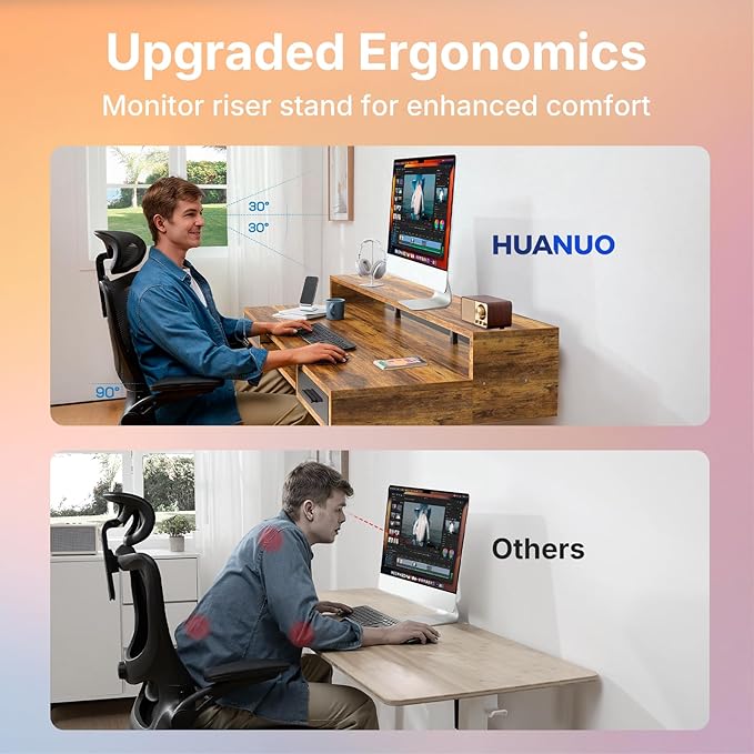 HUANUO 63″ x 26″ Electric Standing Desk with 2 Drawers &24.4″ Large Keyboard Tray, C-Clamp Mount Compatible, Adjustable Computer Desk for Office, Sit Stand Up Desk with 4 Height Presets, Vintage Brown