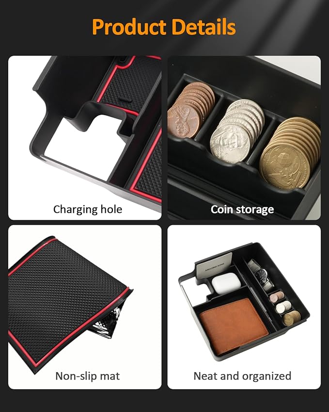 CDEFG 2022 2023 Ni*ssan Frontier SR5, SR5 S, SV, Midnight Edition, Pro-X and Pro-4X Center Console Organizer Tray Armrest Storage Box Insert (red)