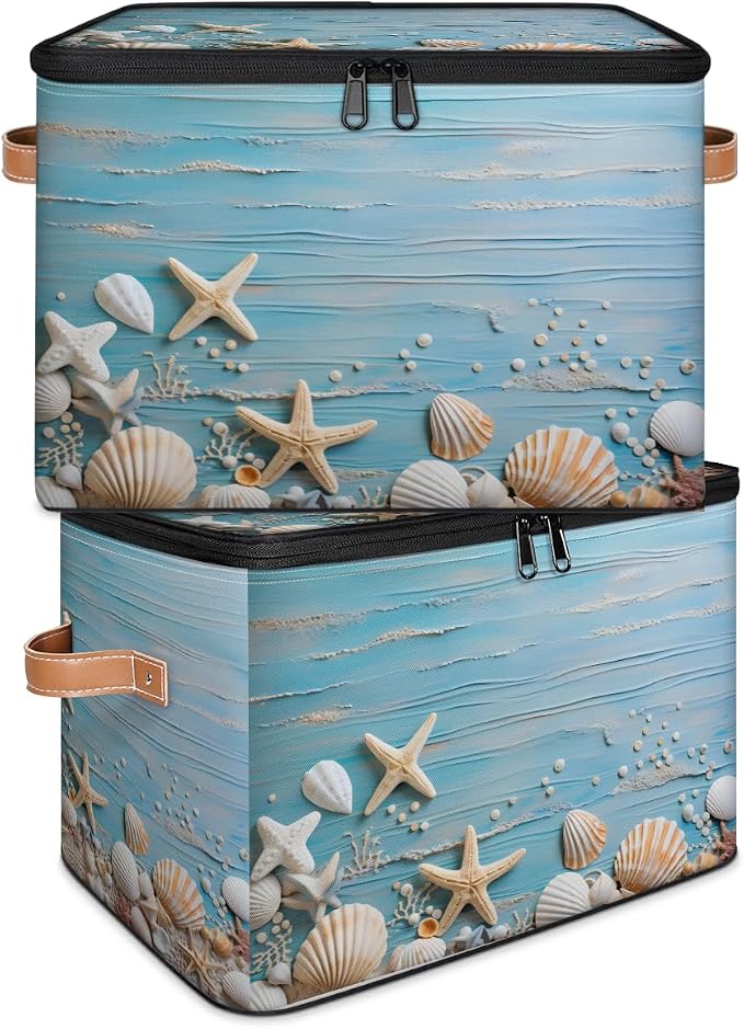 Sea Star Shell Storage Basket for Bedroom Kitchen Bathroom Storage Bins with Lids Collapsible Toy Cube Storage Organizer for Kid Teen Women Men