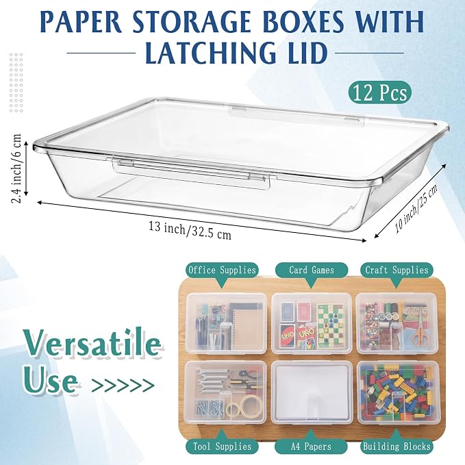 Tinlade 12 Pcs Classroom Paper Storage Bins with Clear Latching Lids Labels, Letter Size Stackable Flat Trays Container Paper Organizer for Teacher Back to School Office Arts Crafts (Clear,13x10in)