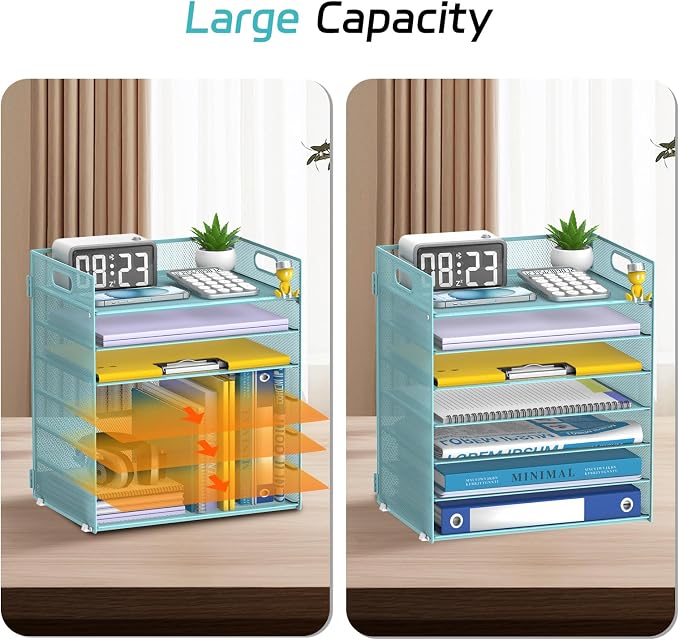 7 Tier Paper Organizer - Mesh Desktop File Holder with Handles for Office School Desk, Black (Blue)