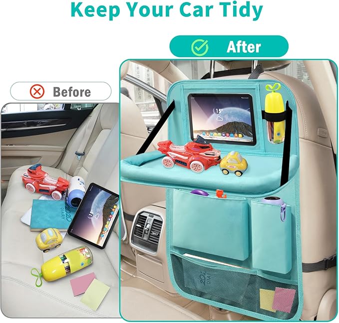 Car Backseat Organizer with Tray, Seat Back Table Holder with 6 Storage Pockets, Car Seat Back Protectors Kick Mats Travel Accessories, 1 Pc Blue