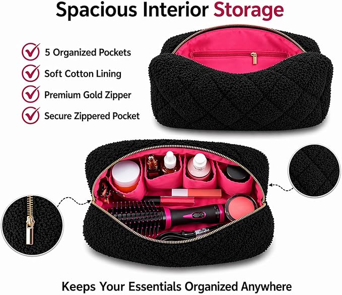 Plush Sherpa Hair Tool & Makeup Travel Bag for Skincare & Beauty Accessories (Black)