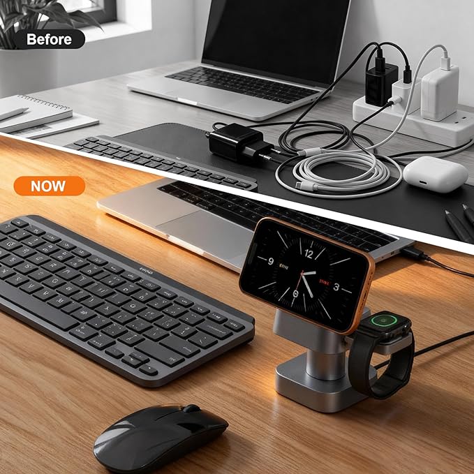 4 in 1 Wireless Charging Station for Apple Devices with Night Light, Mag-Safe Charger Stand, 15W Fast Charging for iPhone 17/16/15/14/13/12 Series, iWatch & AirPods(with USB-C Cable)
