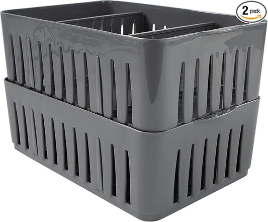 Simplify 2 Pack Compartment Stackable Bin with Adjustable Dividers | Drawer Organizer | Storage Basket | Good for Office | Desk Supplies | Dorm | Bathroom | Accessories | Make Up | Grey