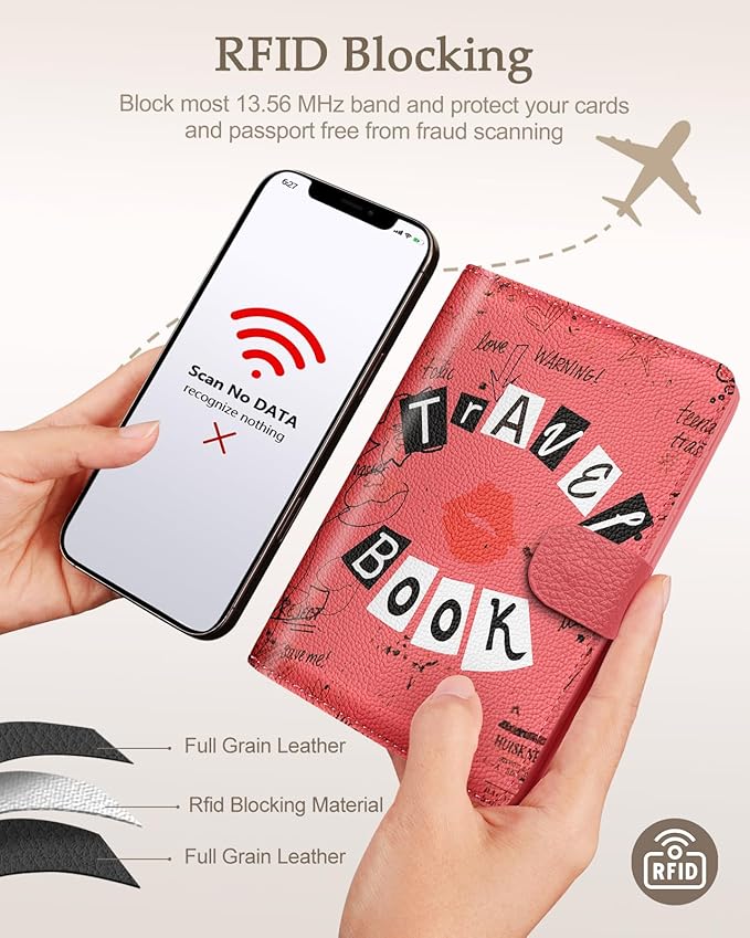 Slohif Passport Wallet Holder Cover for Travel - Women Men RFID Blocking Passport Book Case Protector, Pink Cute Lip Leather Personalized Organizer Slim Carrier Boarding Pass Cards Slots
