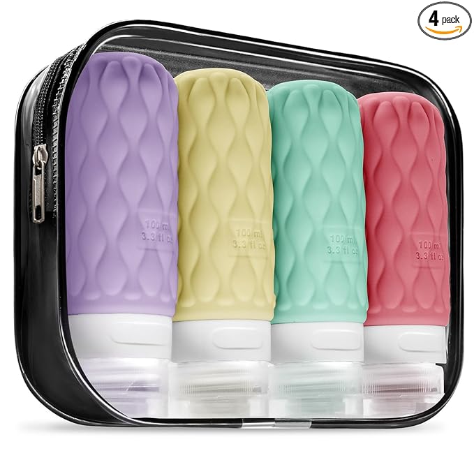 100 ml Silicone Travel Bottles for Toiletries with Labels/Clear Bag, Holiday Travel Essentials Leakproof Refillable Squeeze Travel Size Containers Set for Shampoo and Conditioner