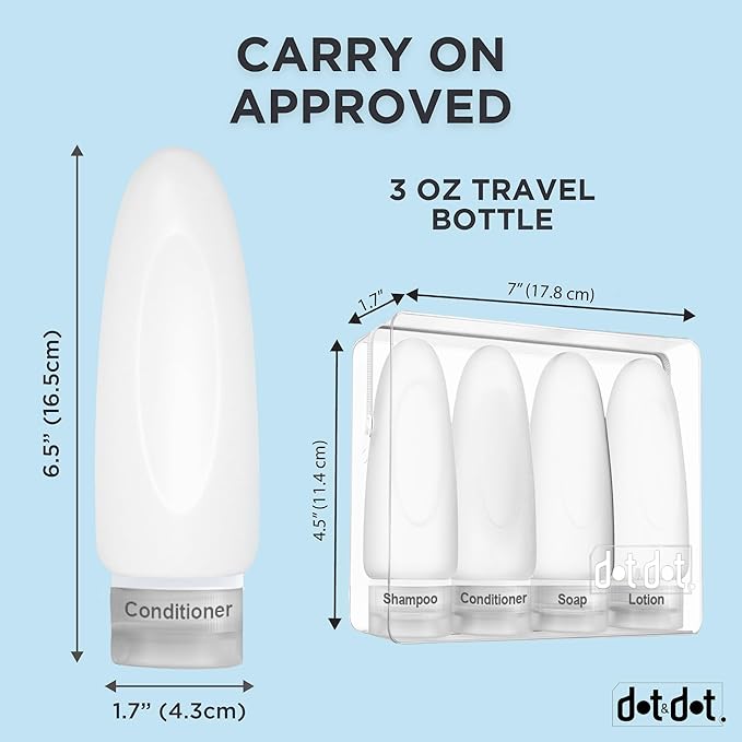 Dot&Dot Leak Proof Travel Bottles - Tubes for Liquid TSA Approved 3oz Silicone Toiletries Travel Shampoo & Conditioner Containers with Labels