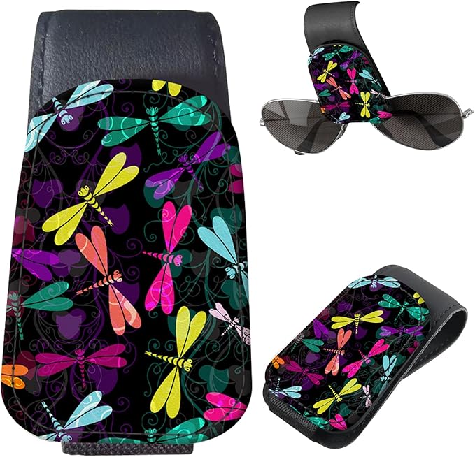 Sunglasses Holder for Car Visor, PU Leather Glasses Clip Organizer, Cute Magnetic Eyeglass Holder for Vehicle Sun Visor, Car Interior Accessory for Women & Men Colorful Dragonfly Glow