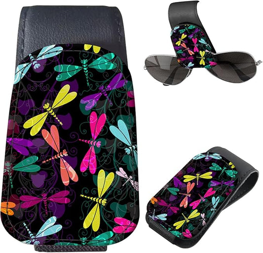 Sunglasses Holder for Car Visor, PU Leather Glasses Clip Organizer, Cute Magnetic Eyeglass Holder for Vehicle Sun Visor, Car Interior Accessory for Women & Men Colorful Dragonfly Glow