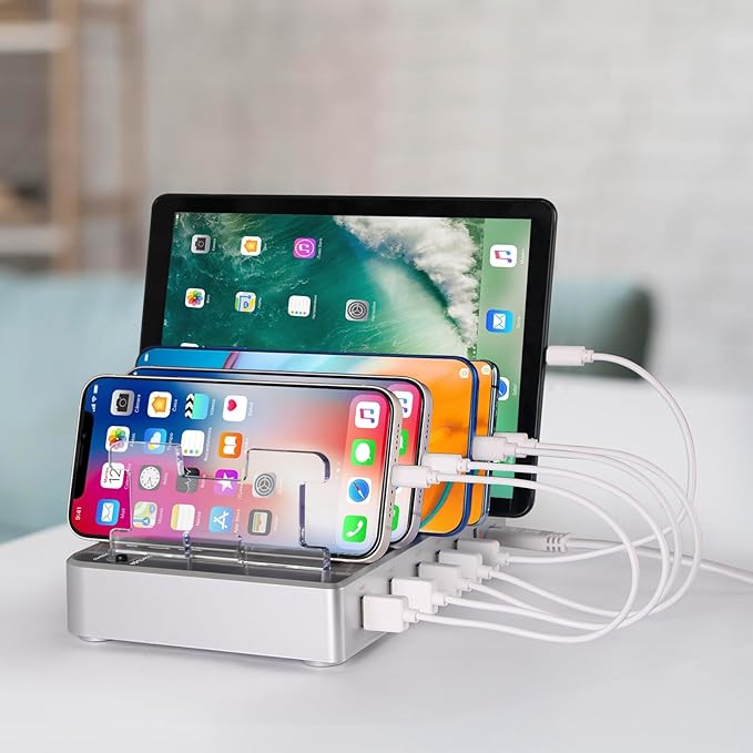 Charging Station for Multiple Devices, 6 Ports Multi Devices USB Charger Fast Cell Phone Charging Station for iPhone iPad Tablet (Silver, 6 Mixed Cables Included)