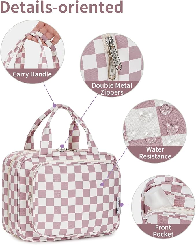 Narwey Travel Toiletry Bag for Women Large Hanging Makeup Bag Organizer Toiletries Bag for Full Size Essentials Accessories Cosmetics (Dusty Pink Checkerboard (Large))