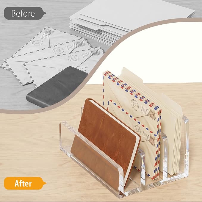 Clear Acrylic Mail Holder, 3-Compartment Vertical Letter Organizer for Desk, Space-Saving Desktop Files, Bills& Notebooks Holder for Home, Office & School