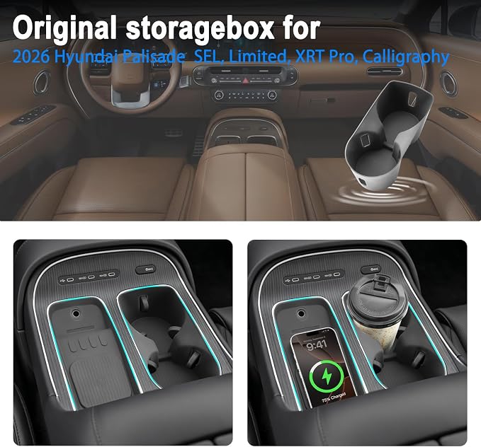 SHAOHAO 3 Pcs for 2026 Hyundai Palisade Lower Organizer for 2026 Hyundai Palisade Accessories Under Console Organizer & Cup Holder & Charging Mat 2026 Palisade LX3 Buttom Insert Box (Only for 7-Seat)