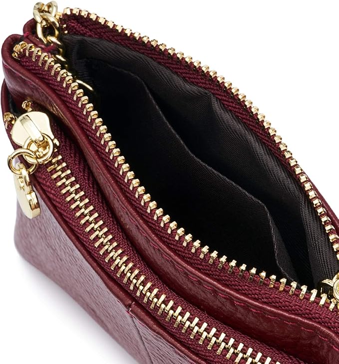 ZOOEASS Women Genuine Leather Zip Mini Coin Purse With Key Ring Triple Zipper Card Holder Wallet