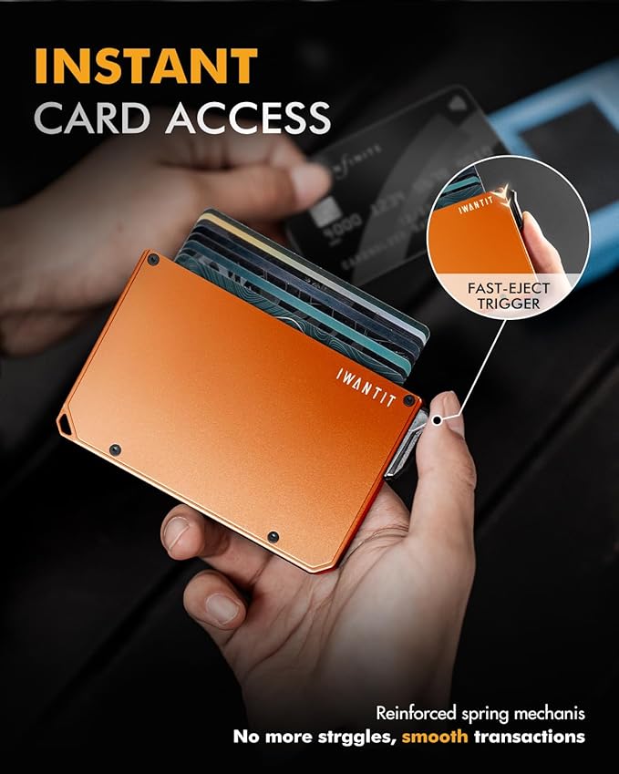 iwantit Pop Up Wallet for Men, Slim Minimalist Credit Card Holder with Money Clip - Man Metal Aluminum Wallet RFID Blocking, Smart Tactical Wallet for Men, Gift for Men (Orange)