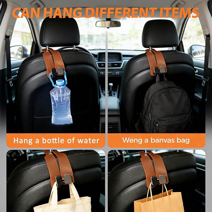 Headrest Hooks for Car, 2 Pack Leather & Metal Car Seat Hooks for Headrest, 50lbs Weight Limit Car Seat Storage Hook, Car Storage Hooks for Purses, Handbags, Grocery Bags, Bottles (Black)