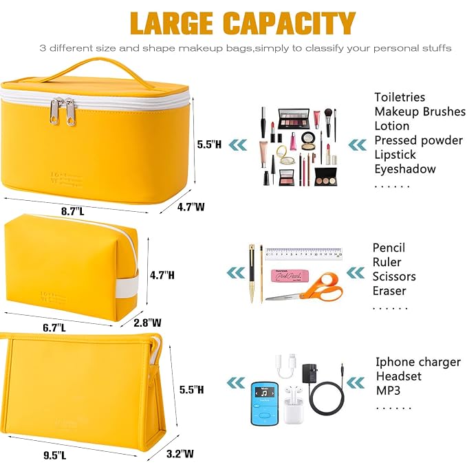 FITINI 3 Pieces Makeup Bag for Women Travel Toiletry Bag Portable Cosmetic Pouch Organizer with Girls Small Brush Holders Zipper Waterproof Storage Case,Yellow