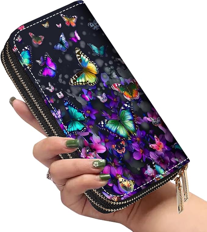 Women's Large Capacity Wallet PU Leather Double Zipper Clutch Purse Multifunctional Wallet with Removable Wristlet Strap for Smart Phone/Coin/Card/Cash, Colorful Butterfly