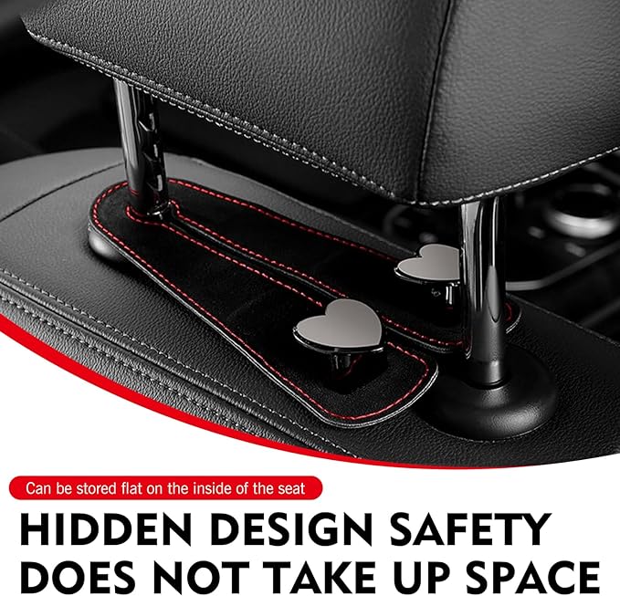 2 PCS Car Seat Hooks, Suede Heart-Shaped Double Hooks Headrest Organizer, Heavy-Duty Multi-Functional Auto Back Seat Phone Holder, Universal for Most Cars (Black)