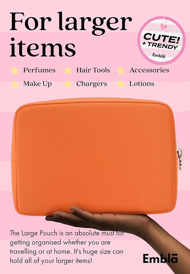 Embla Large Makeup Bag and Waterproof Nylon Travel Toiletry Bag, Large Capacity Cosmetic Zipper Pouch, Orange