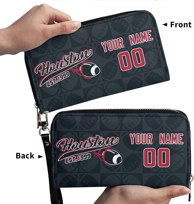 Custom Sports Team Zip Organizer Wallet-Personalized PU Leather Wallet with Name Number,Multi-Card Slots,Wrist Strap,Fan Gift for Men Women.