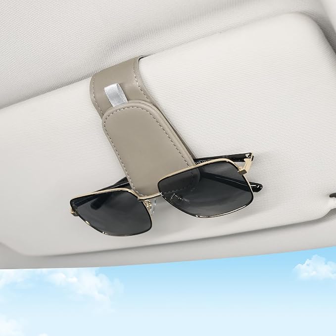 SINGARO 1 Pack Sunglass Holder for Car Visor Sunglasses Holder Clip, Universal Non-Slip Magnetic Leather Glasses Eyeglasses Hanger Mounter, Truck Interior Car Visor Accessories for Woman Man, Gray