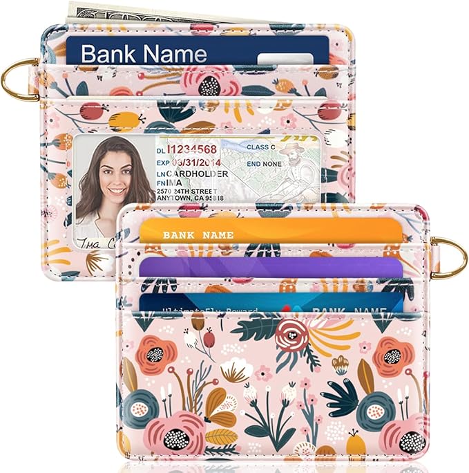 Slim Minimalist Front Pocket RFID Blocking Credit Card Holder Small Wallet Cute Card Cases for Women,Pink Flowers