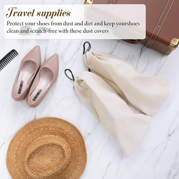 10 PCS Single Shoe Bag for Travel, Velvet Shoe Bags for Packing in Suitcase | with Drawstring Shoes Storage Bag for 5 Pairs of Shoes Dust-Proof for Traveling and Home Storage-Beige, 18×9 Inch