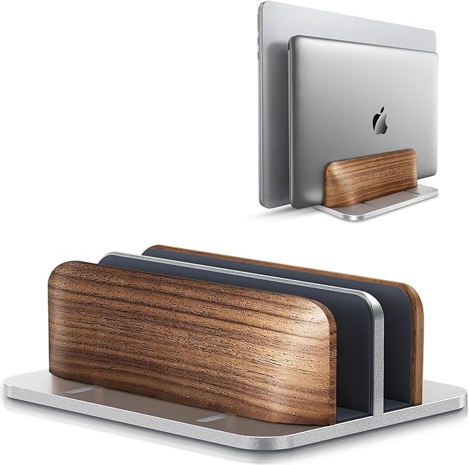 Vertical Laptop Stand, [Dual Slot Wooden + Aluminum Laptop Holder], Desktop Adjustable MacBook Stand, Adjustable Base, for MacBook Pro/Air, (up to 17.3-inch All laptops)