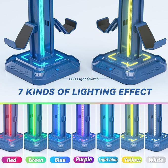 KDD Headset Stand with Light Modes - Controller Holder for Desk - Rotatable Headphone Stand & Detachable Controller Hook for PC Earphone Accessories(Blue)