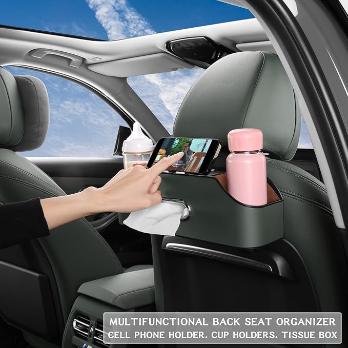Car Seat Back Organizer - Stylish & Functional Storage for Family Adventures - Cup Holders, Tissue Box & Hooks - Perfect for Kids, Road Trips & Travel (Emeralds)