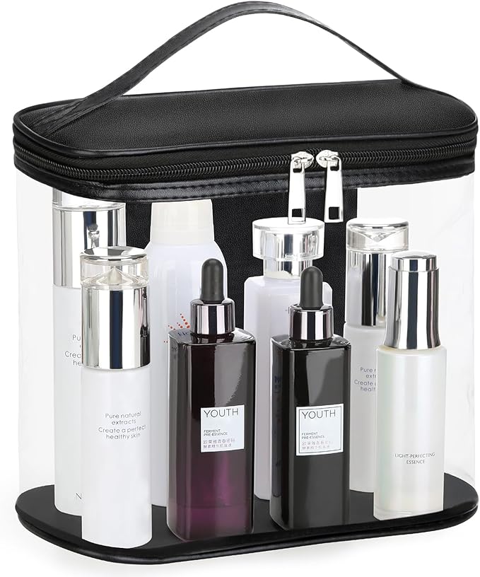 Heavy Duty Leak Proof Clear Travel Bags for Toiletries, Transparent Makeup Cosmetic Bag with Zipper and Handle (Large, Black)