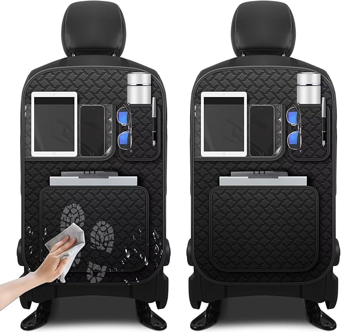 Back Seat Protector 2 Pack Fit For Toyota RAV4 Car Kick Mats with Touch Screen Tablet Holder Storage Organizer Waterproof Dirt Proof Faux Leather Auto Accessories for Kids (1 Pair Black)