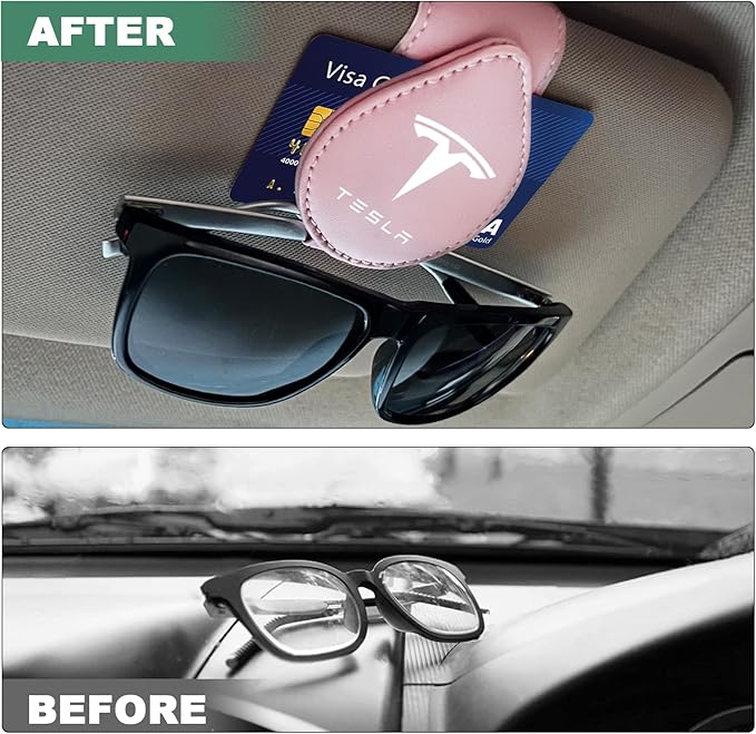 2 Pack Sunglasses Holder Compatible with Tesla Model 3 Y X S Semi Cybertruck Leather Magnetic Glasses Mount Holder Eyeglasses Sunglasses Clip Visor Sunglass Holder Accessories (Pink)