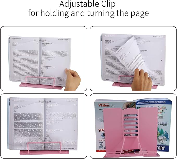 Blizzow Desk Book Stand Holder - Hands Free, Adjustable Metal Stand, Foldable Portable Bookstand - Cookbook, Recipe, Tablet, Music, Documents (Pink)