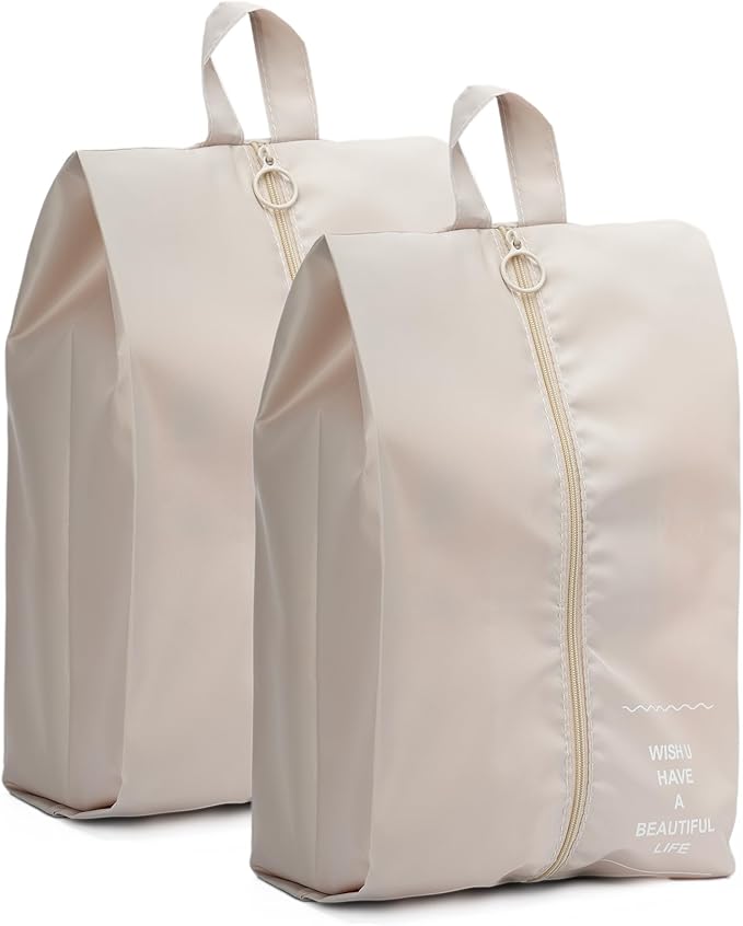 Shoe Bags for Travel, 2 Pack Large Multi-color Shoe Bags for Men Women, Waterproof Portable Shoe Organizer bag with Sturdy Zipper (Beige)