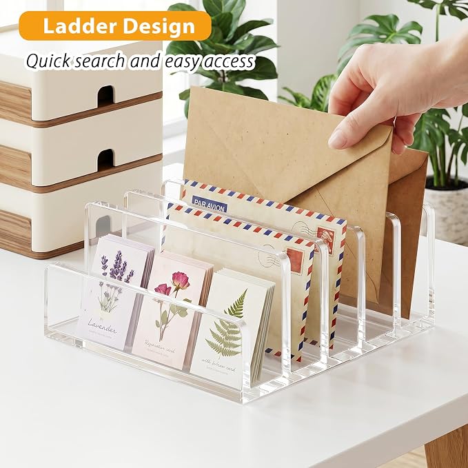 Clear Acrylic Mail Holder, 5-Compartment Vertical Letter Organizer for Desk, Space-Saving Desktop Files, Bills& Notebooks Holder for Home, Office & School