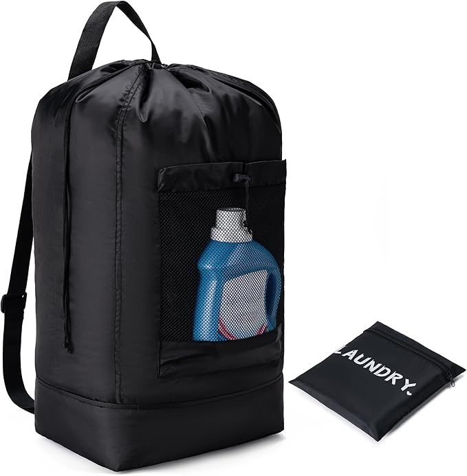 Aegero Backpack Laundry Bag,Large Travel Laundry Bags with Shoulder Straps and Mesh Pockets,Laundry Backpack with Drawstring Closure for College,Trave,Dorm, Apartment,Laundromat (Black)