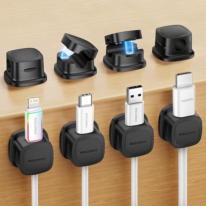 8 Pack Magnetic Cable Clips, Rocoren Under Desk Cord Holder Cable Management-1s Lock, Adhesive Cord Cable Clip Wire Holder Keeper Organizer for Phone Car Home Office Desk Wall Desktop Nightstand