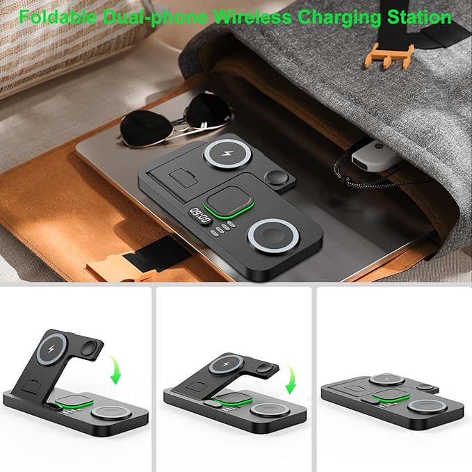 Dual Phone Wireless Charging Station for Apple Devices, Magnetic Charging Station for iPhone with Auto Switch 7-Color Light&Clock, Family Watch Charger for iPhone17 for iWatch11 for AirPods Pro3(Black