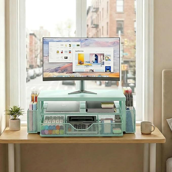 LEKETREE 2 Tier Monitor Stand, Computer Monitor Riser, Office Desk Accessories, Desk Organizer Desk Shelf Printer Stand, Green