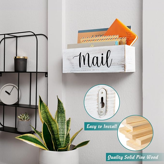 DRASTAR Mail Organizer Countertop, Mail Holder Wall Mount, Retro White Mail Sorter Organizer, Envelope Holder for Home Office