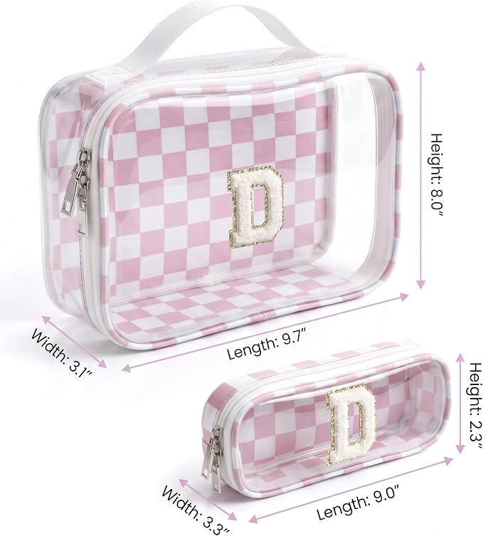 Checkered Makeup Bag for Women - Monogram Personalized Initial Makeup Bags Cosmetic Pouch Make Up Case for Women Her Best Friend Friendship Sister Teacher,Birthday Gifts for Women (D,Pink&Beige)