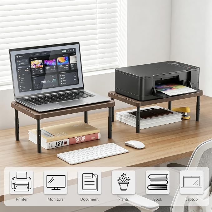 WALI Plastic Computer Monitor Stand for Desk, Adjustable Laptop Riser, Desk Monitor Stand Underneath Storage for Office, Home, School Supplies (PTT001-C), 1 Pack, Brown