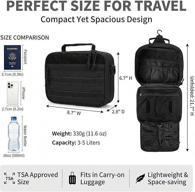 VELVEBAG ﻿Tactical Toiletry Bag for Men, Mens Toiletry Travel Bag, Hanging Dopp Kit Waterproof TravelShaving Hygiene Bag, Bathroom Multi-pocket Organizer, for Short Trips, Camping & Gym, Black