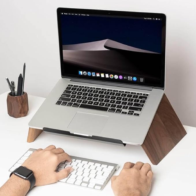 LifeSpan Fitness Ergonomic Wooden Laptop Stand, Desk Riser for 10-17.5" Laptops (19x9.5x3-6", Walnut)