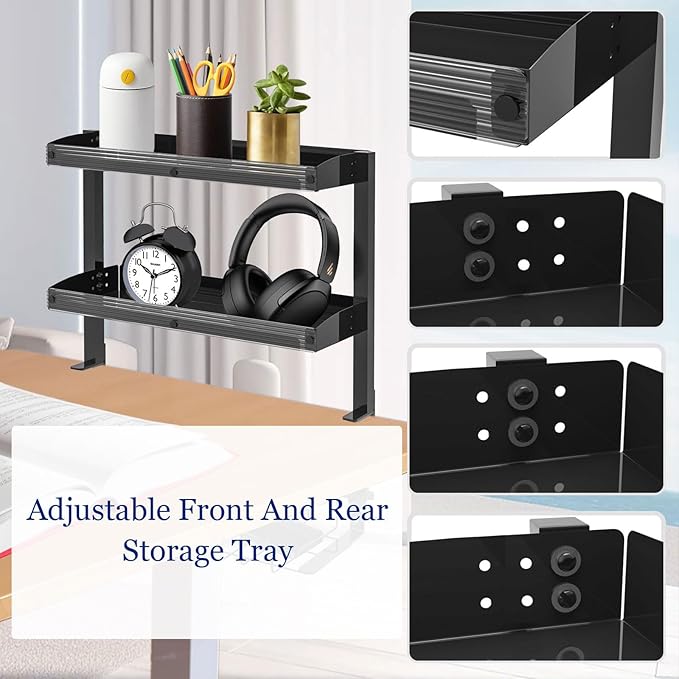 Clip-on Desktop or Under-Desk 2-Tier Shelving Unit, Clamp-on Desk Organizer Shelf with Adjustable Storage Tray Computer Table Organizer for Office Desk
