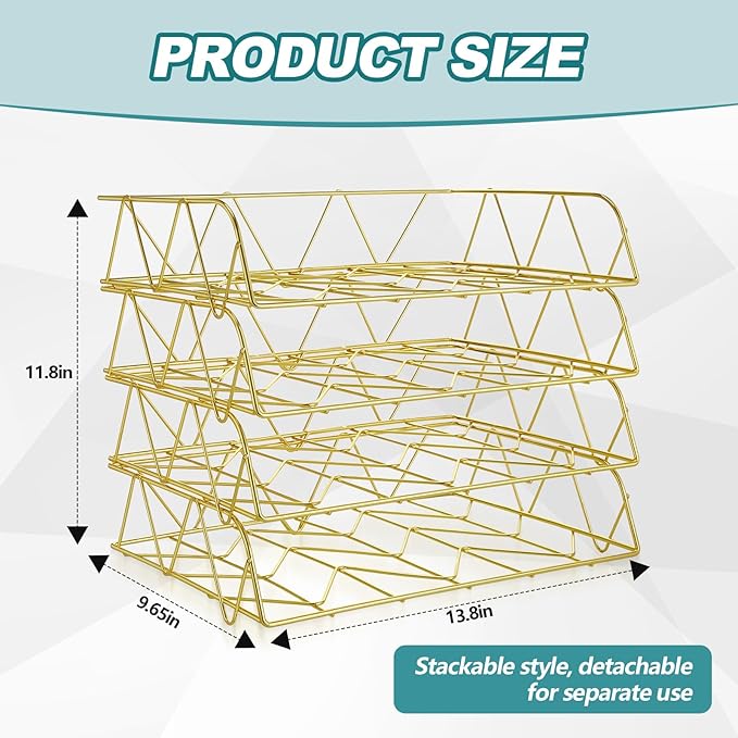 Yeaqee 4 Tier Stackable Gold Desk Organizer Paper Tray Rack Metal Letter Desk File Organizer Horizontal Holder File Trays for Office Desktop Supplies and Accessories